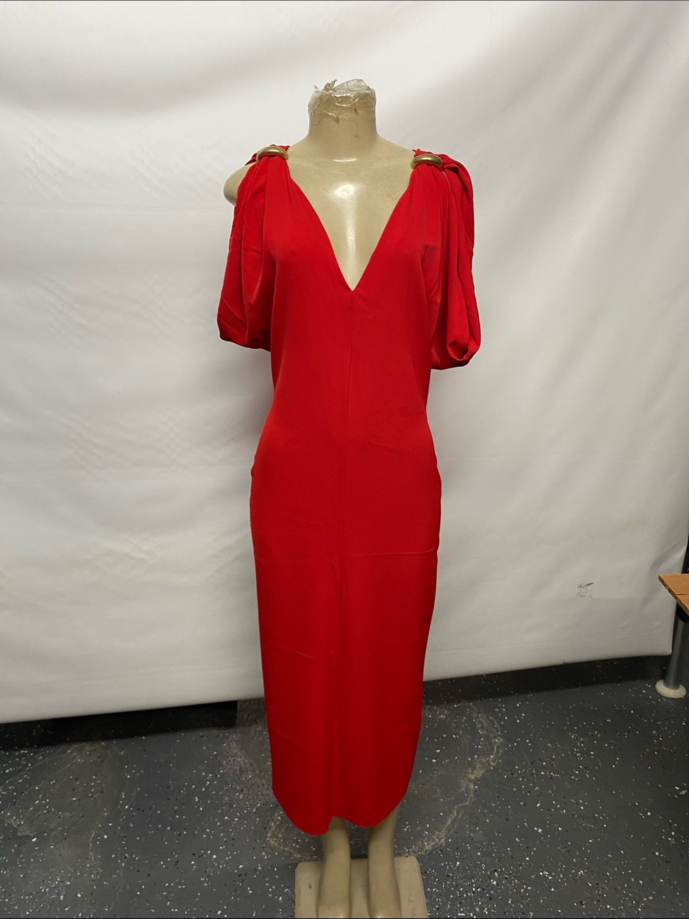 Zara Red V-Neck red rose Midi Dress size M